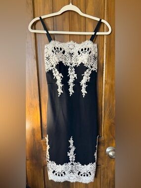Haute Monde Black Midi Dress with Ivory Lace Appliqué